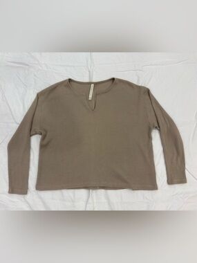 Babaton The Group Waffle Knit Long Sleeve Top Split Neck Taupe XS